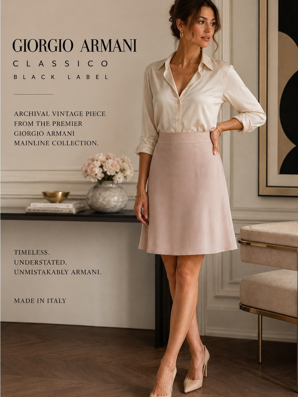 VTG Giorgio Armani Borgo 21 Blush Pink Silk Midi Skirt IT 48 US 12 NWT Authentic